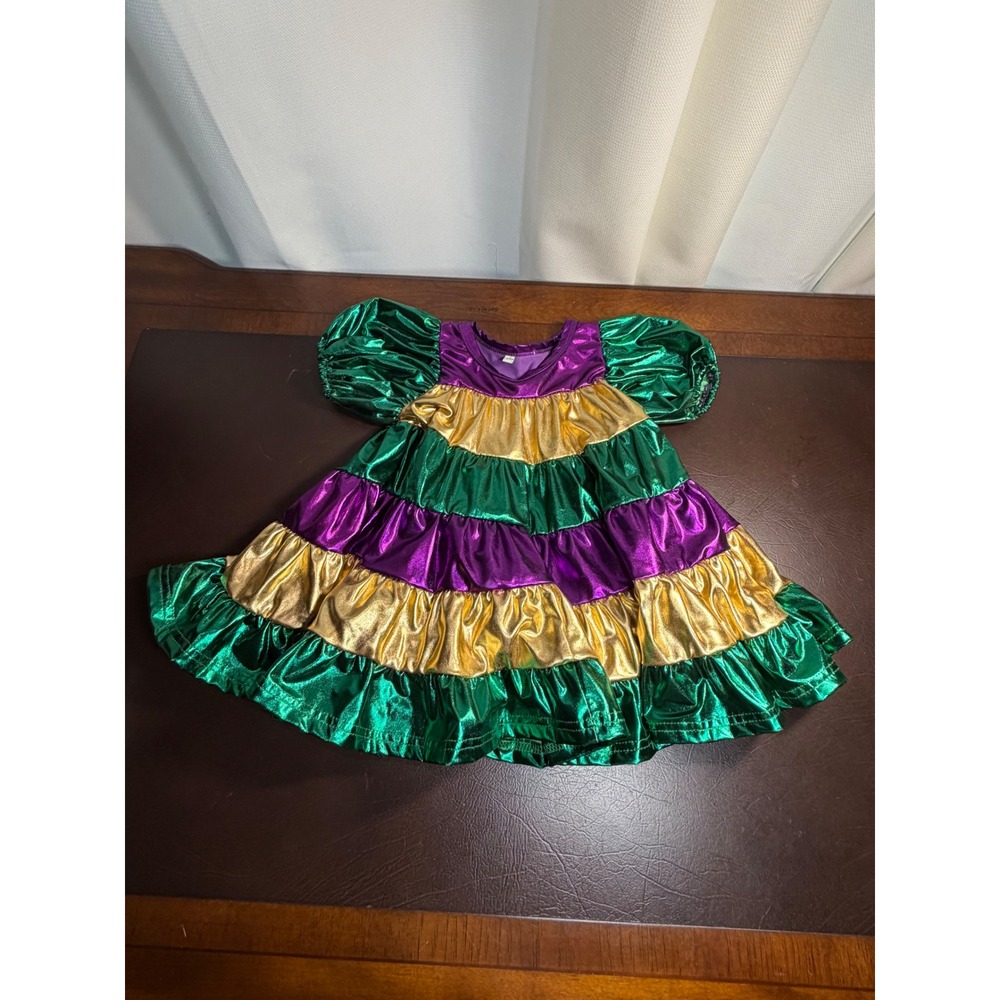 Mardi Gras Metallic Ruffle Tiered Dress Purple Green Gold Puff Sleeve 18-24M